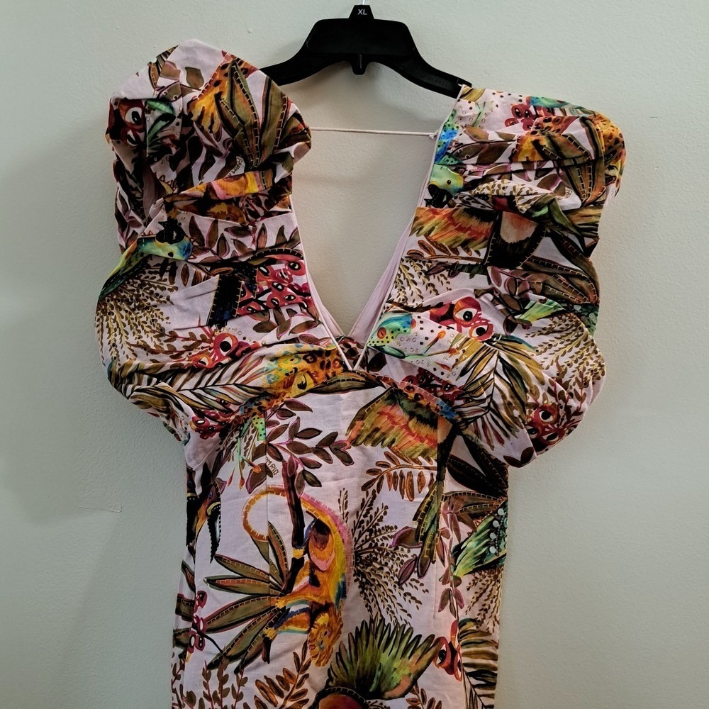 Farm Rio Maxi Dress Pink Tropical Bird Leopard Ruffle Sleeve V Neck M - Picture 12 of 14